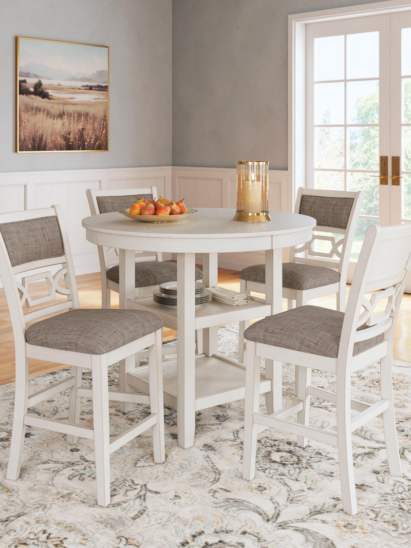 Ashley Furniture Erinberg counter height dining table with four matching barstools, wood finish and modern design.