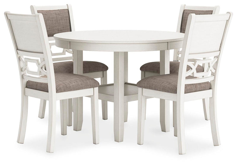 Ashley Furniture Erinberg dining table with four matching chairs, modern wood finish and angled design, set for family meals.