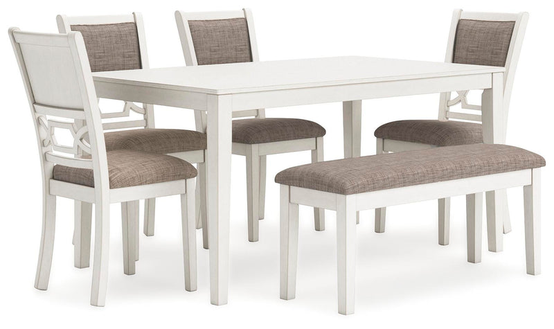 Ashley Furniture Erinberg dining table with four chairs and a bench, showcasing a stylish wood finish and modern design.