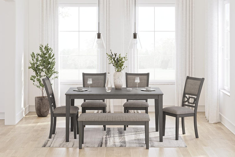 Ashley Furniture dining room set with Wrenning table, 4 chairs, and a bench, featuring a modern wood finish.