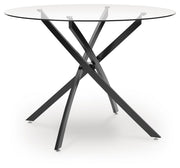 Ashley Furniture Pharwynn dining table with a dark wood finish, shown from an angled side view.