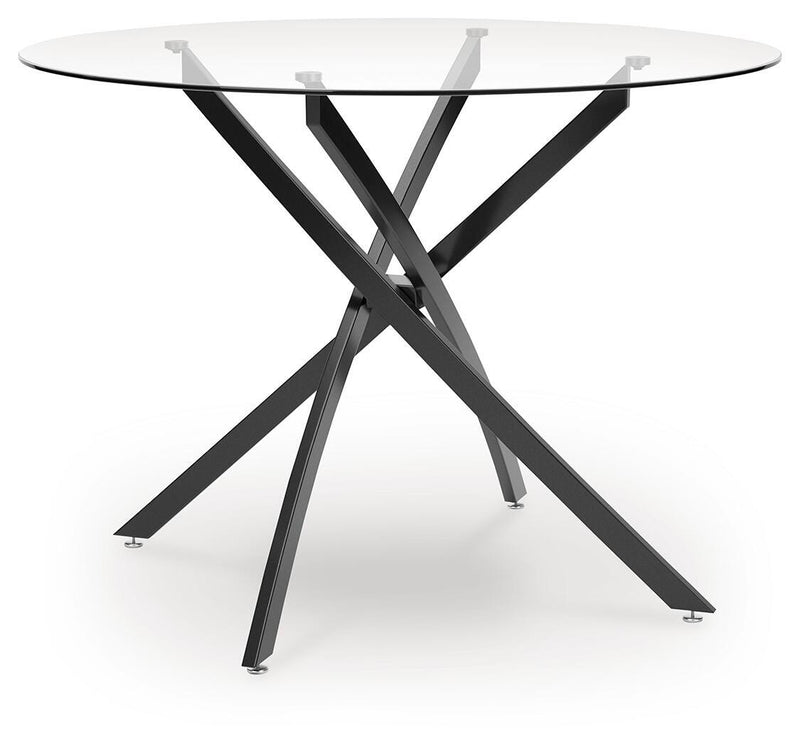 Ashley Furniture Pharwynn dining table with a dark wood finish, shown from an angled side view.