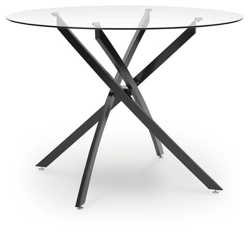 Ashley Furniture Pharwynn dining table with a dark wood finish, shown from an angled side view.