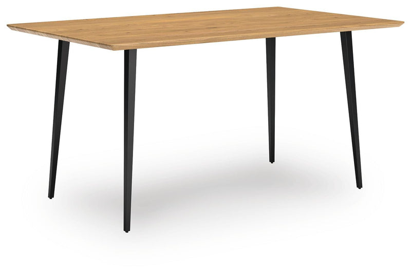 Ashley Furniture Gretlynn dining table with a wooden top and sturdy legs, shown from an angled side view.