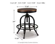 Ashley Furniture Valebeck counter height bar stool with wooden legs and upholstered seat, shown in a modern kitchen setting.