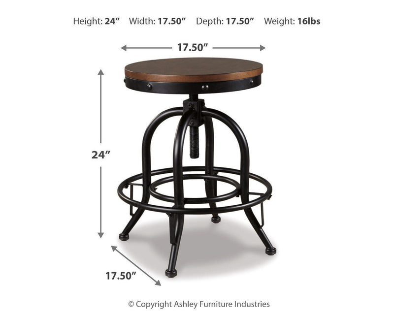 Ashley Furniture Valebeck counter height bar stool with wooden legs and upholstered seat, shown in a modern kitchen setting.