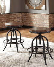 Ashley Furniture Valebeck counter height bar stool with wooden frame and upholstered seat, shown from a side angle.