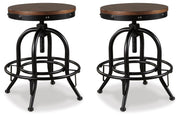 Ashley Furniture Valebeck counter height barstool with wooden legs and upholstered seat, shown from a side angle.