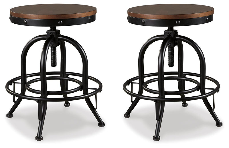 Ashley Furniture Valebeck counter height barstool with wooden legs and upholstered seat, shown from a side angle.
