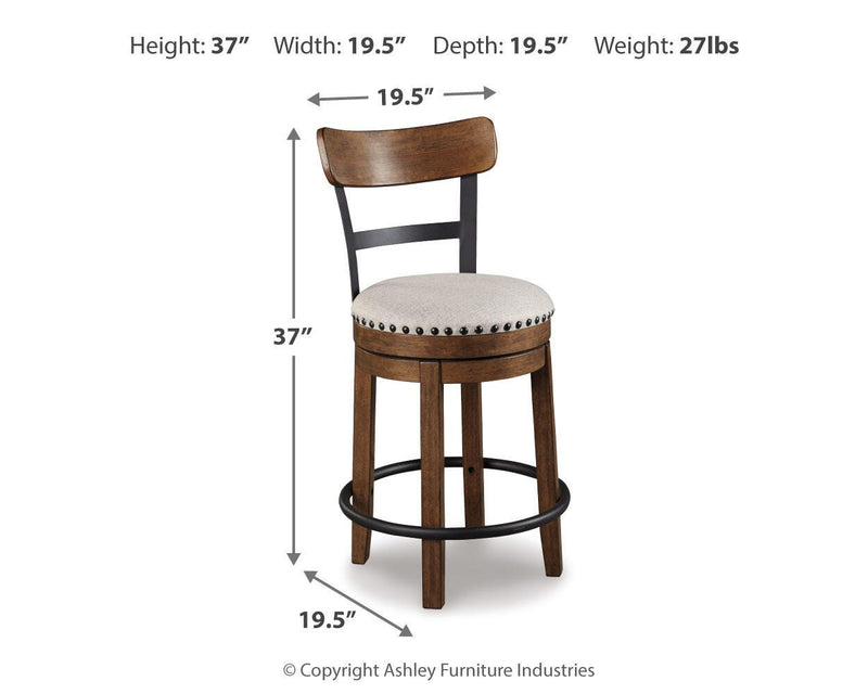 Ashley Furniture Valebeck counter height bar stool with wood frame and cushioned seat, shown in a warm finish.