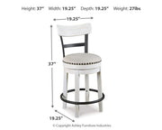 Ashley Furniture Valebeck counter height bar stool with dark wooden legs and a cushioned seat, ideal for home bar or kitchen counter.