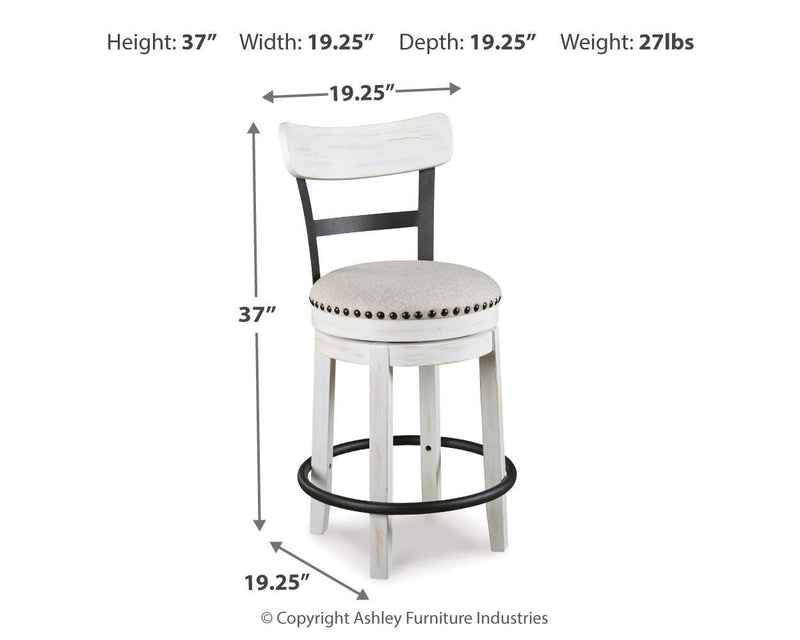 Ashley Furniture Valebeck counter height bar stool with dark wooden legs and a cushioned seat, ideal for home bar or kitchen counter.