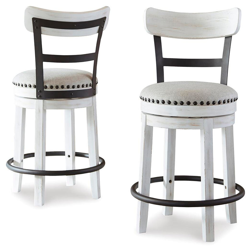 Ashley Furniture Valebeck counter height barstool with wooden legs and upholstered seat, shown from a side angle.