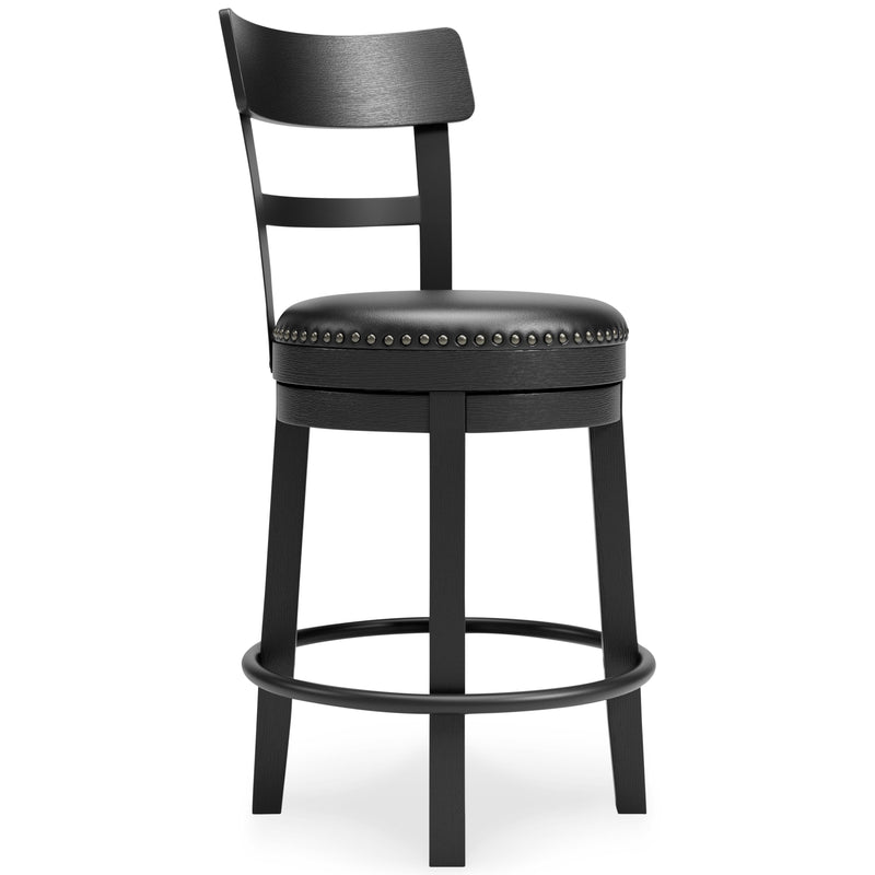 Ashley Furniture Valebeck counter height bar stool with wooden legs and a cushioned seat, shown from an angled view.