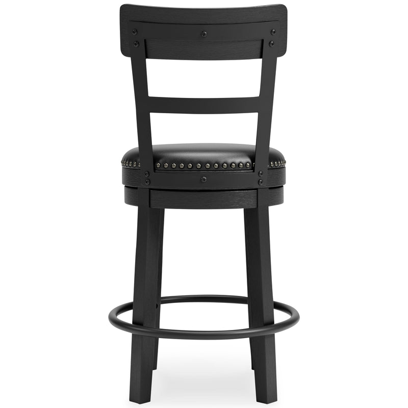 Ashley Furniture Valebeck counter height barstool with cushioned seat and wooden legs, shown from the back.