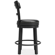 Ashley Furniture Valebeck counter height bar stool with wooden legs and a cushioned seat, shown from a side angle.