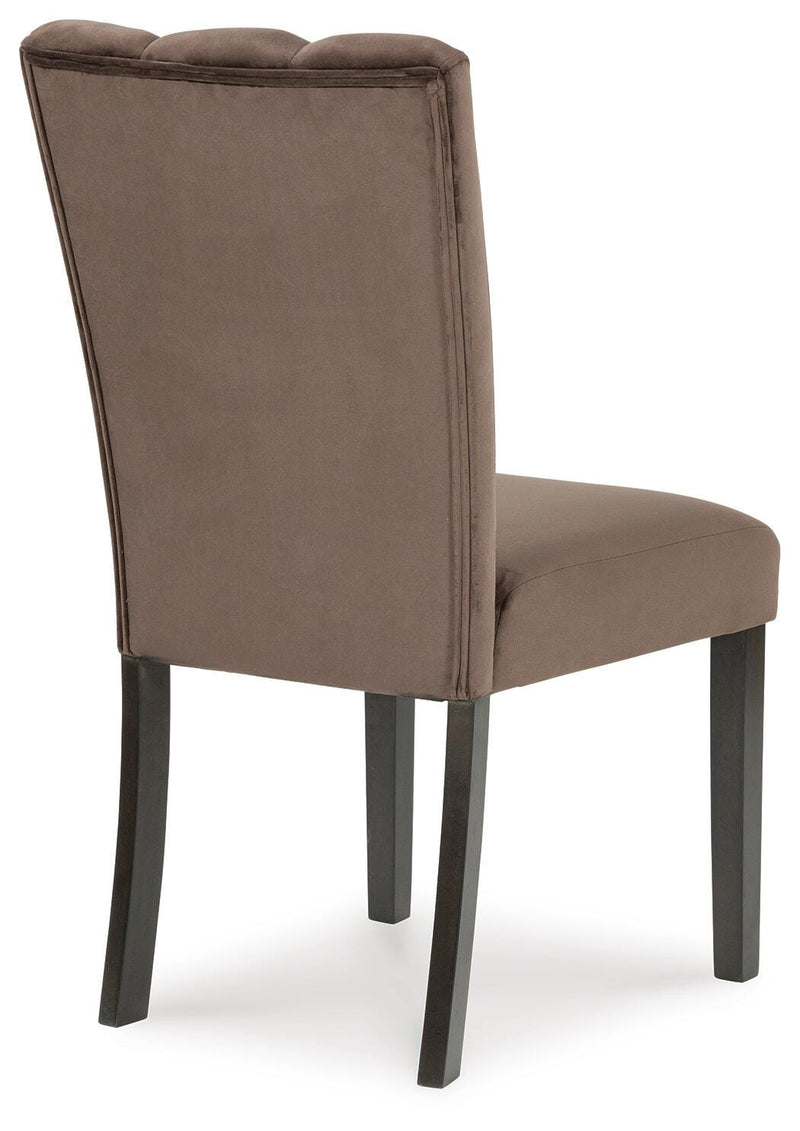 Ashley Furniture Jeshina dining chair with dark wood finish and upholstered seat, shown from the back view.