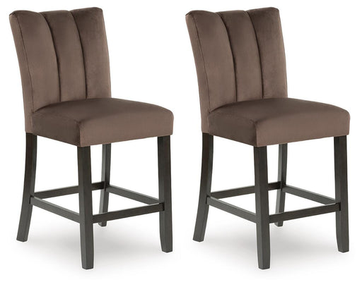 Ashley Furniture Jeshina counter height barstool with wooden legs and cushioned seat, shown from an angled side view.