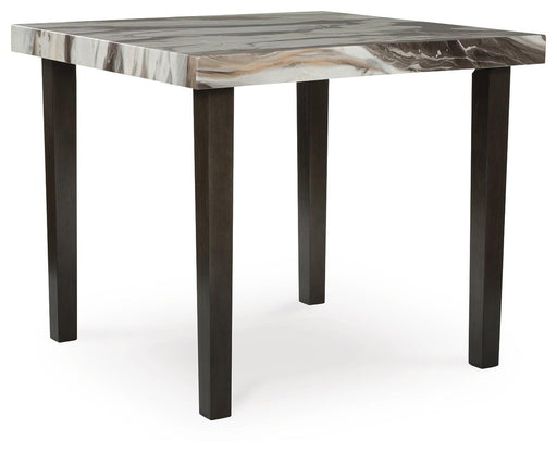Ashley Furniture Jeshina counter height dining table with a wooden finish, shown from an angled side view.