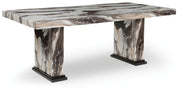 Ashley Furniture Jeshina dining table with a wooden top and sturdy legs, shown from an angled side view.