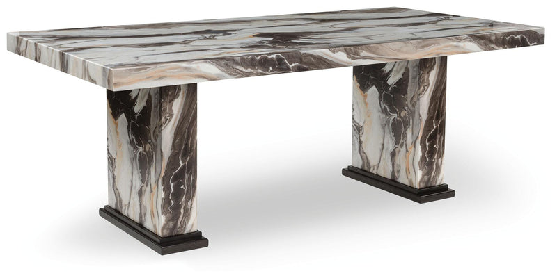 Ashley Furniture Jeshina dining table with a wooden top and sturdy legs, shown from an angled side view.