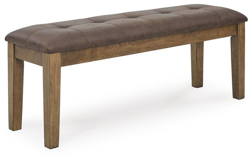 Ashley Furniture Urbinforte 50-inch wooden dining bench with angled design and sturdy legs, suitable for kitchen or dining room.