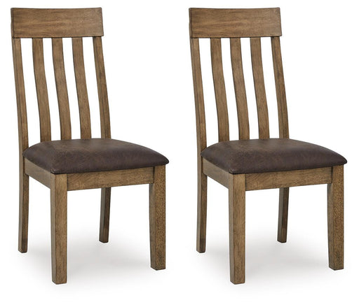 Ashley Furniture Urbinforte dining chair with upholstered seat and wooden legs, shown from a side angle.