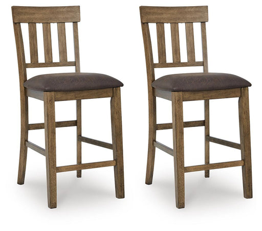 Ashley Furniture Urbinforte counter height barstool with wooden legs and padded upholstered seat, shown from an angled side view.