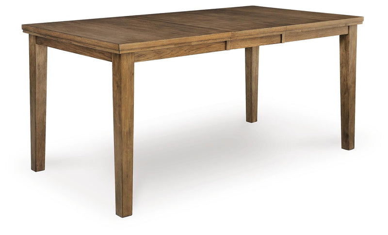 Ashley Furniture Urbinforte dining room set with a table and six upholstered chairs, viewed from an angle.