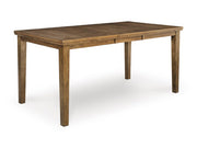 Ashley Furniture Urbinforte dining room set with a wooden table and upholstered chairs, shown from an angled side view.