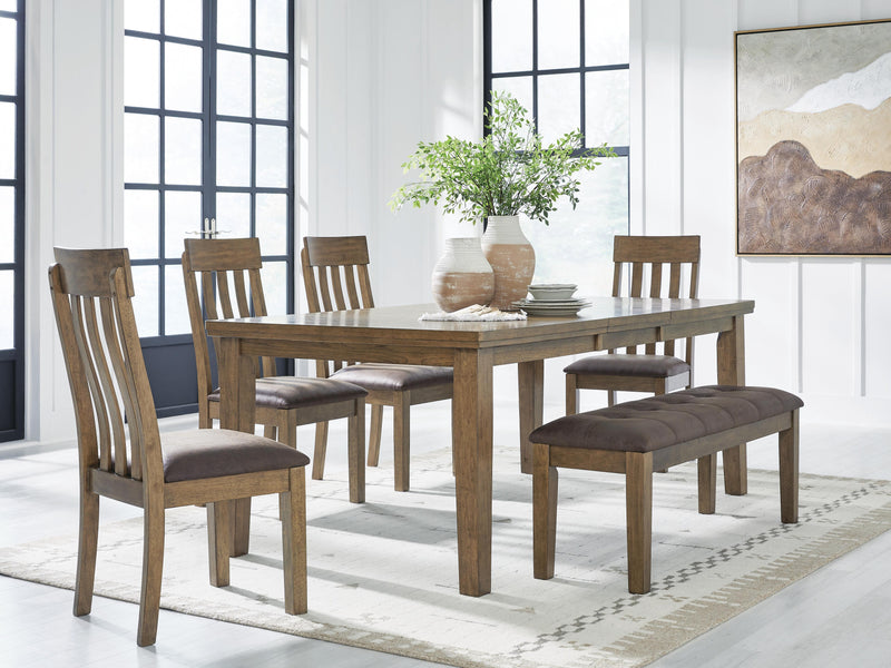Ashley Furniture Urbinforte dining room set with a wooden table and matching chairs, modern design for dining area.