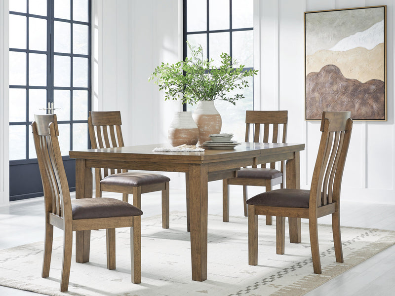 Ashley Furniture Urbinforte dining room set with a wooden table and matching chairs, featuring a leaf-shaped design and modern style.