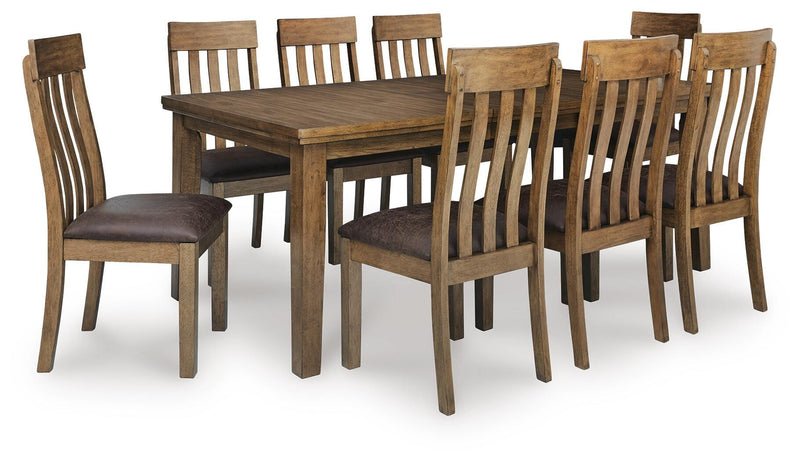 Ashley Furniture Urbinforte dining room set with a wooden table and six matching chairs in a modern kitchen setting.