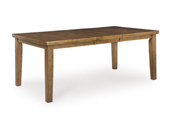 Ashley Furniture Urbinforte dining room set with a table and six chairs, shown from an angled view in a modern dining space.