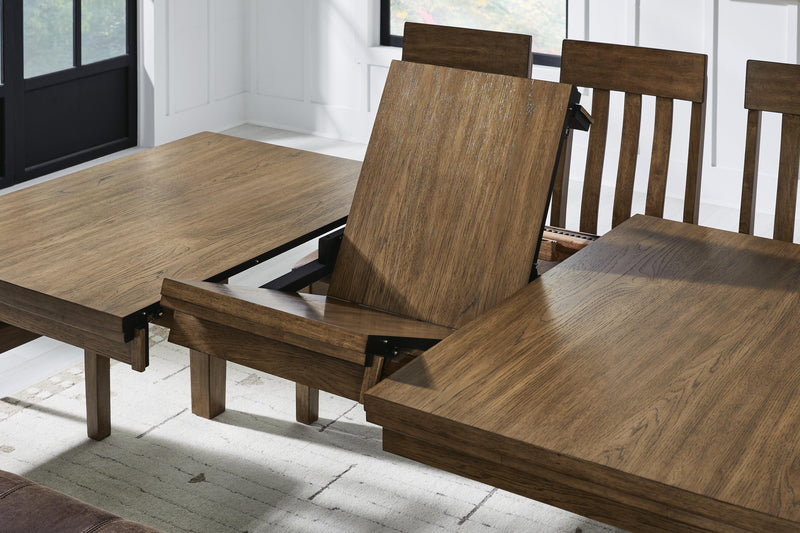 Ashley Furniture Urbinforte dining room set with a wooden table and matching chairs, featuring a detailed leaf design.