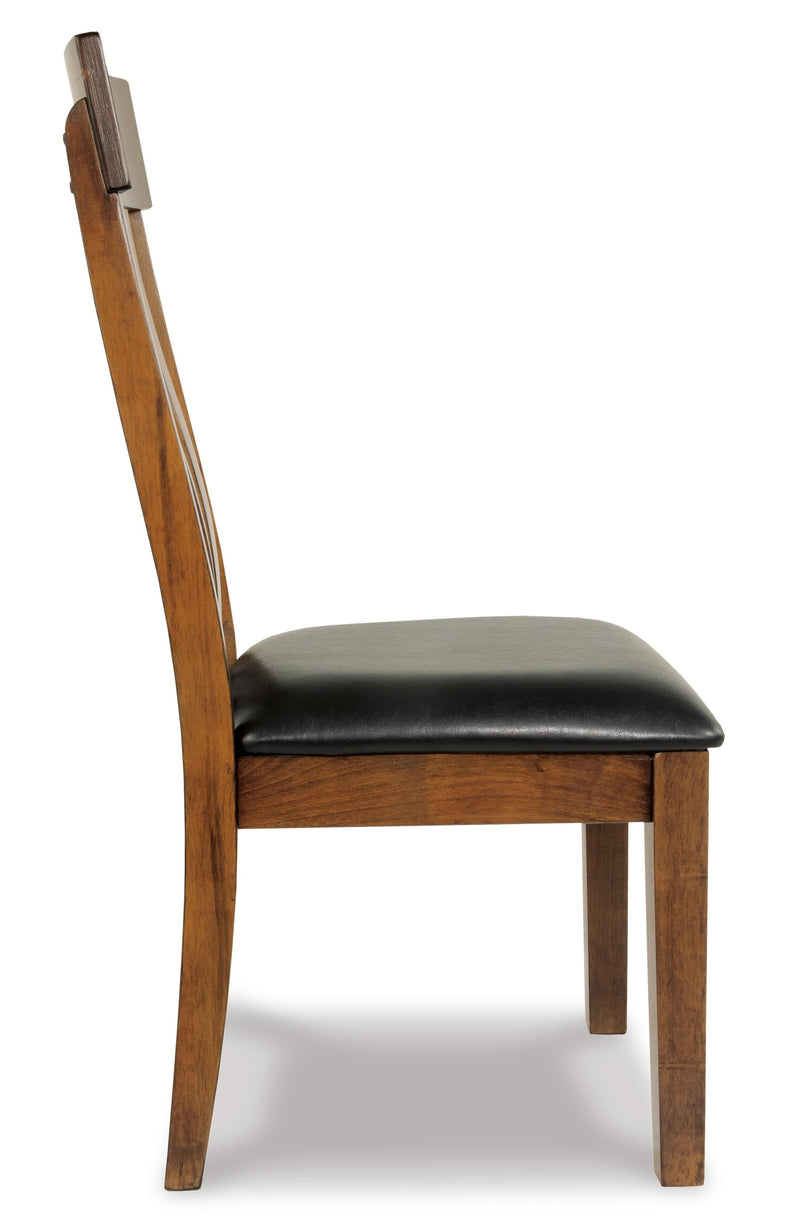 Ashley Furniture Ralene dining chair set with beige upholstered seats and dark wooden legs, shown from a side angle.
