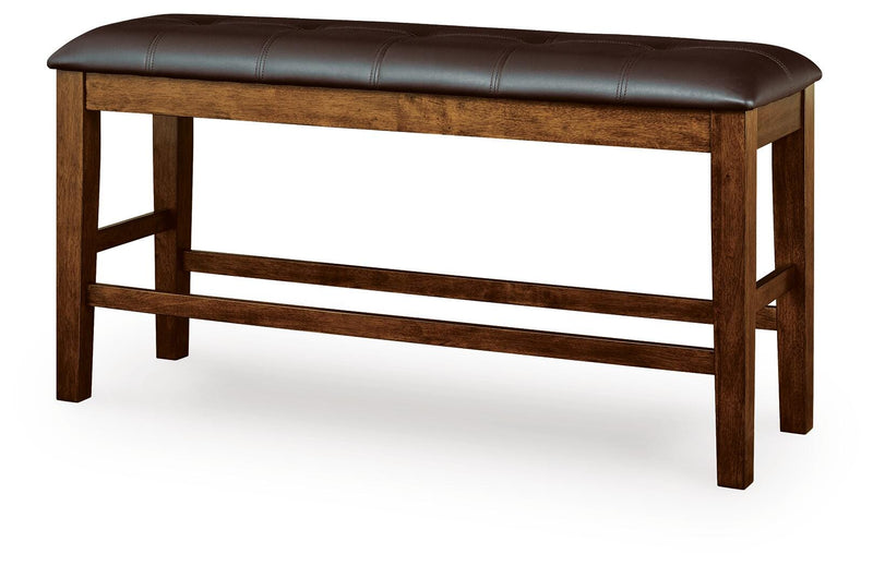 Ashley Furniture Ralene counter height dining bench with wooden legs and upholstered seat, angled view showing comfortable design.