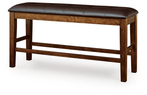 Ashley Furniture Ralene counter height dining bench with wooden legs and upholstered seat, angled view showing comfortable design.