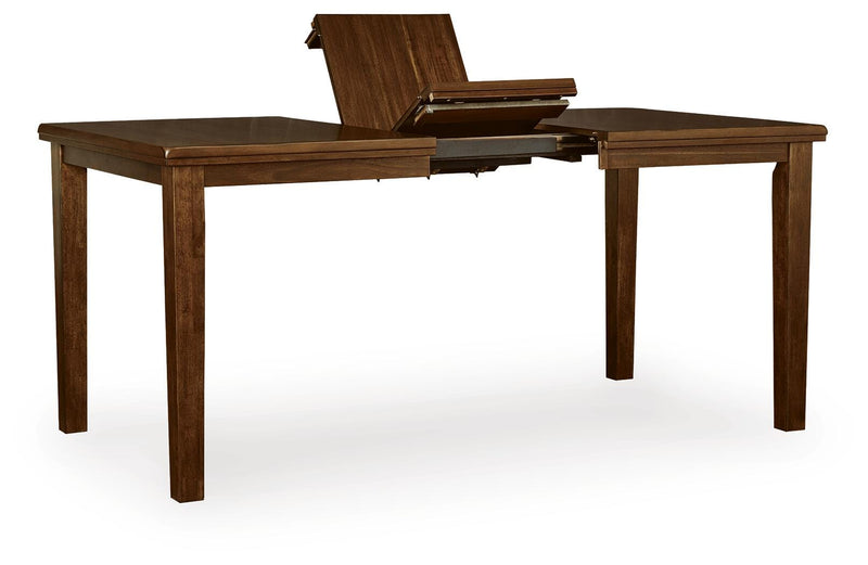 Ashley Furniture Ralene counter height dining extension table with leaf, showing angled view of wood tabletop and extendable leaf