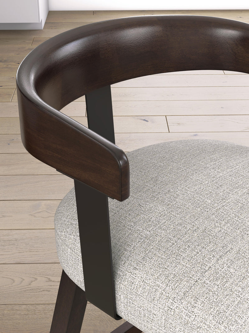 Pair of Ashley Furniture Haddigan counter height barstools with wooden seats and metal frames, shown from a detailed angle.