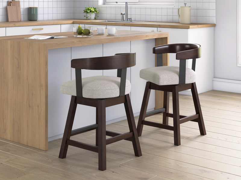 Set of two Ashley Furniture Haddigan counter height barstools with wooden seats and metal legs, ideal for kitchen or bar area.