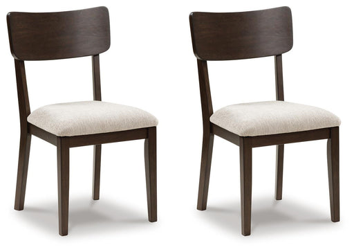 Ashley Furniture Mallenette dining chair with upholstered seat and wooden legs, shown from an angled side view.