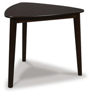 Ashley Furniture Mallenette dining room set with a wooden table and upholstered chairs, shown from an angled view.