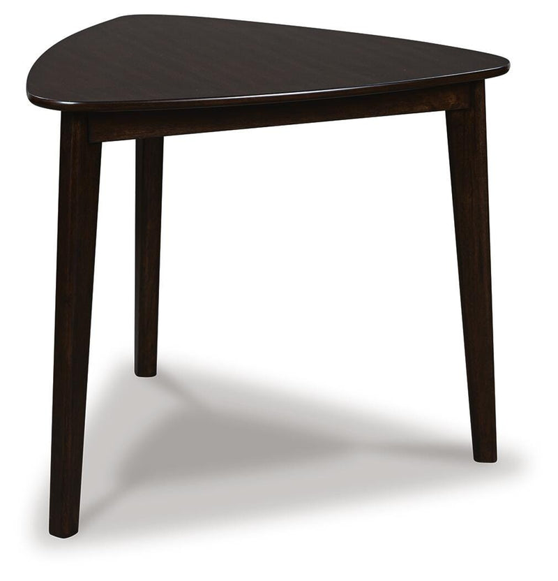 Ashley Furniture Mallenette dining room set with a wooden table and upholstered chairs, shown from an angled view.