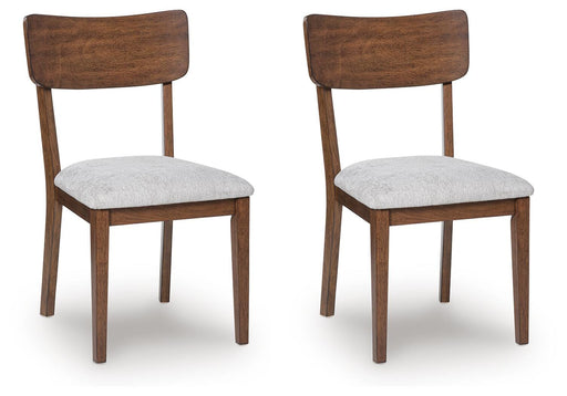 Ashley Furniture Tameride dining chair with dark wood finish and upholstered seat, shown from an angled side view.
