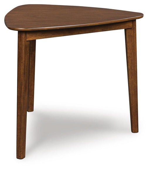 Ashley Furniture Tameride dining table with a wooden finish, shown from an angled side view in the image.