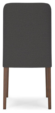 Ashley Furniture Lyncott dining room set, view of the back with wooden chairs and table in a modern dining area.
