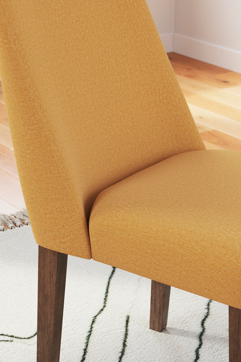 Ashley Furniture Lyncott dining room set with a wood table and six upholstered chairs, detailed close-up showing craftsmanship and design.