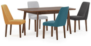 Ashley Furniture Lyncott dining room set with a rectangular table and six upholstered chairs in a modern wood finish.