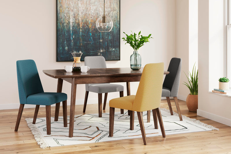 Ashley Furniture Lyncott dining room set with a wooden table and six upholstered chairs, showcasing a modern dining area.